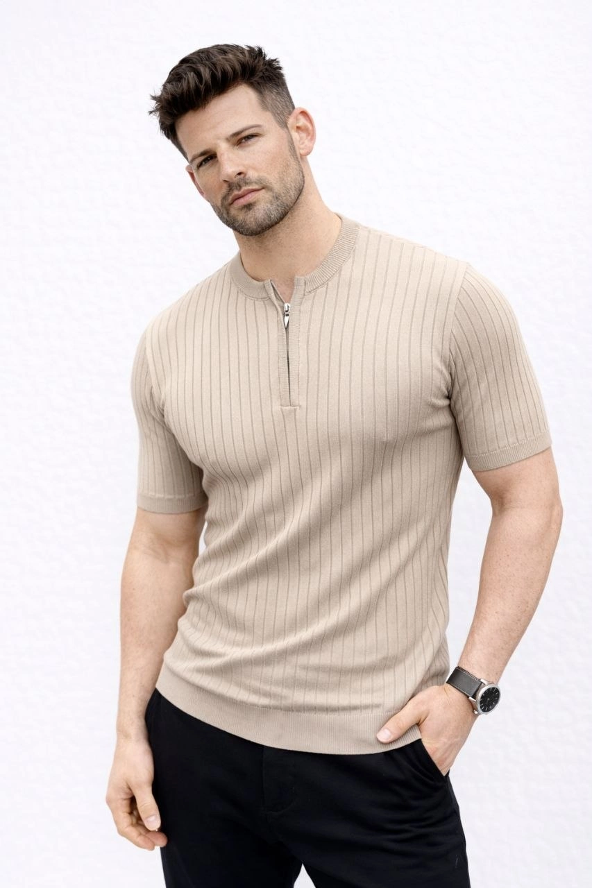 69ca44c844d1b-33605011-sw853sh1280 Erkek Kısa Kol Fitilli Triko T-Shirt Yazlık Hakim Yaka Tişört - Bej