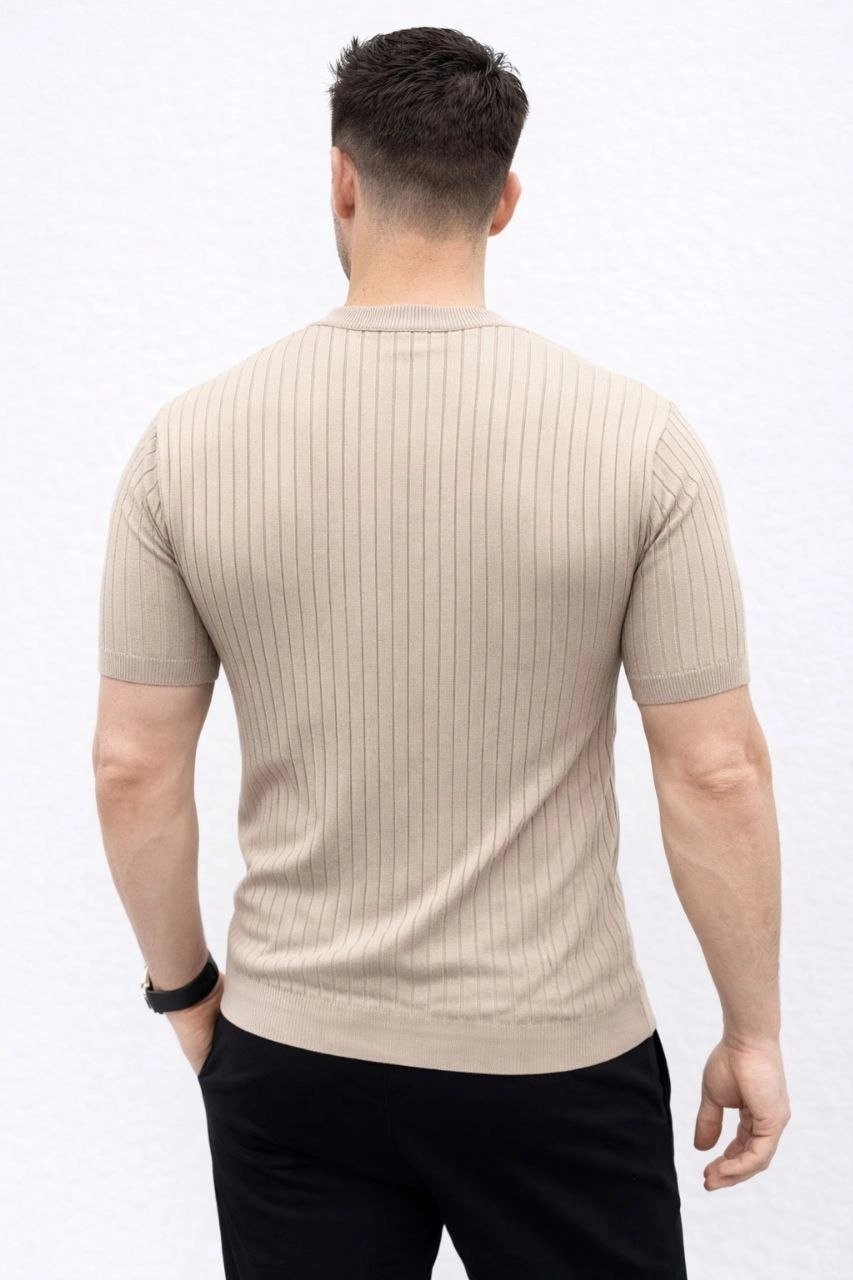 69ca44c84a782-67882450-sw853sh1280 Erkek Kısa Kol Fitilli Triko T-Shirt Yazlık Hakim Yaka Tişört - Bej - Görsel 2