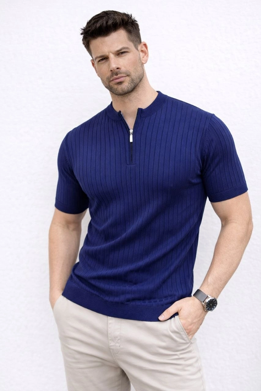 69ca4506b866d-27081038-sw853sh1280 Erkek Kısa Kol Fitilli Triko T-Shirt Yazlık Hakim Yaka Tişört - Lacivert