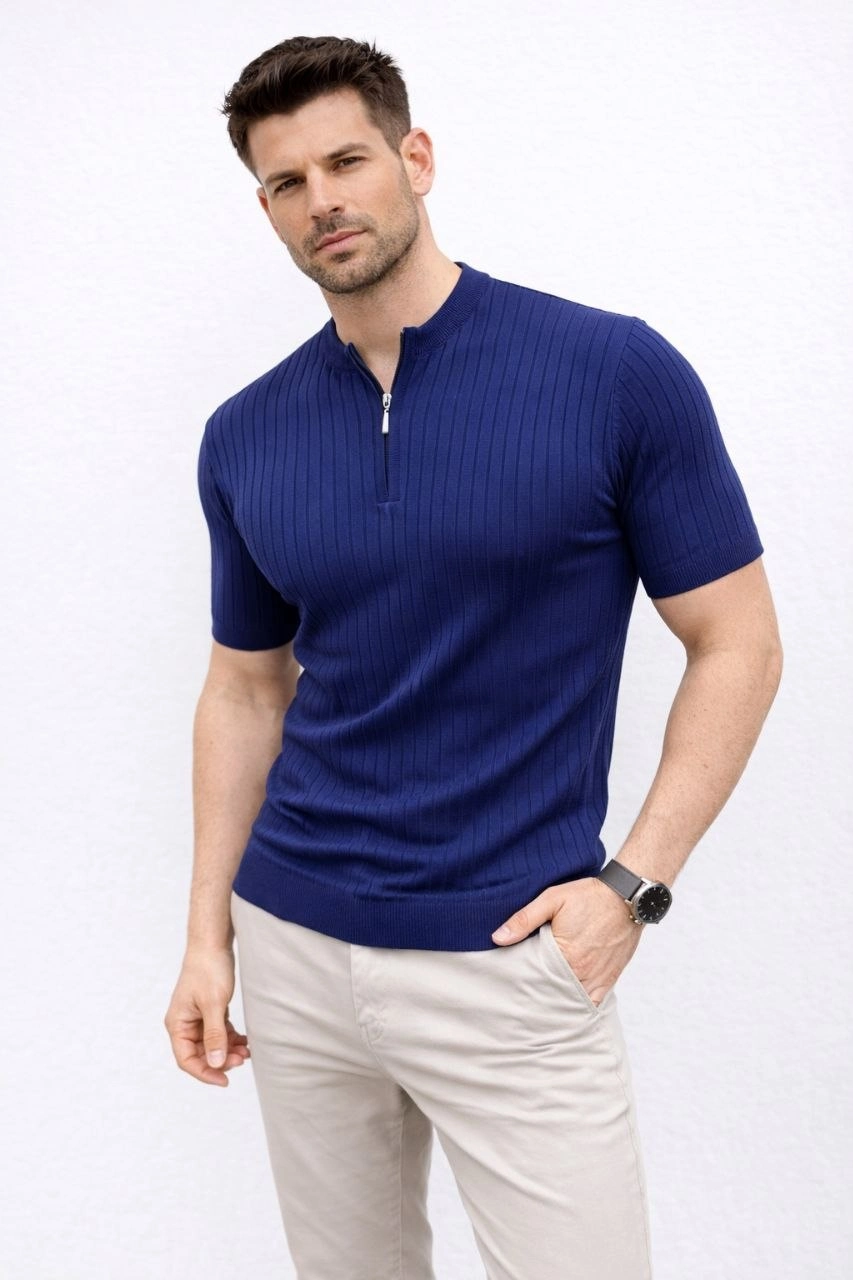 69ca4506c5839-16984340-sw853sh1280 Erkek Kısa Kol Fitilli Triko T-Shirt Yazlık Hakim Yaka Tişört - Lacivert - Görsel 2