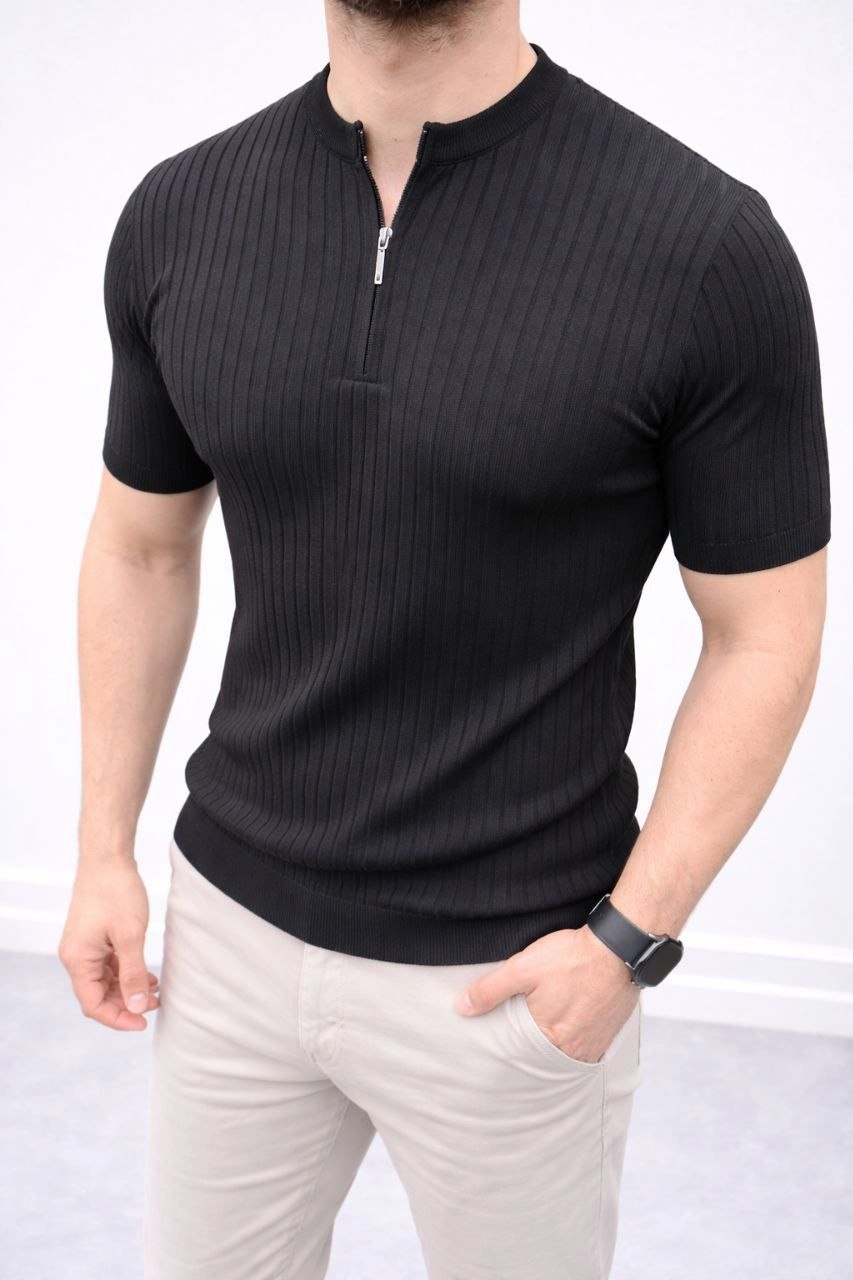 69ca45dfd3c82-9632540-sw853sh1280 Erkek Kısa Kol Fitilli Triko T-Shirt Yazlık Hakim Yaka Tişört - Siyah