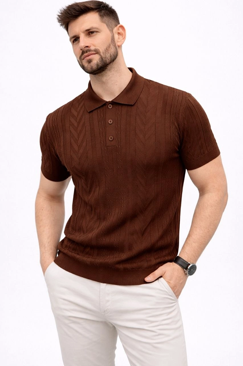69ca492cba506-36355770-sw853sh1280 Erkek Yazlık Triko Tişört Kısa Kol Polo Yaka Düğmeli T-Shirt - Kahverengi - Görsel 2