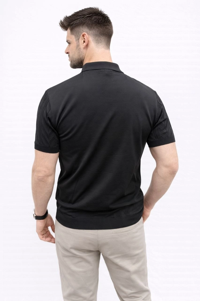 69ca498a4965a-17379184-sw853sh1280 Erkek Yazlık Triko Tişört Kısa Kol Polo Yaka Düğmeli T-Shirt - Siyah - Görsel 2