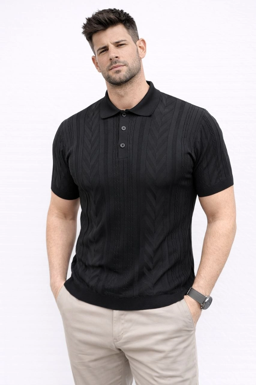 69ca498a5bfea-59320587-sw853sh1280 Erkek Yazlık Triko Tişört Kısa Kol Polo Yaka Düğmeli T-Shirt - Siyah