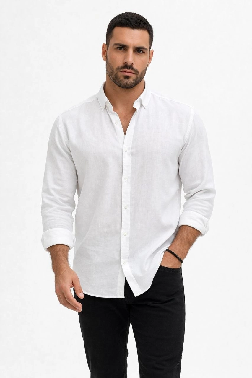 69cb8d2297757-98123845-sw853sh1280 Erkek KETEN Kumaş Uzun Kollu Regular fit Gömlek - Beyaz