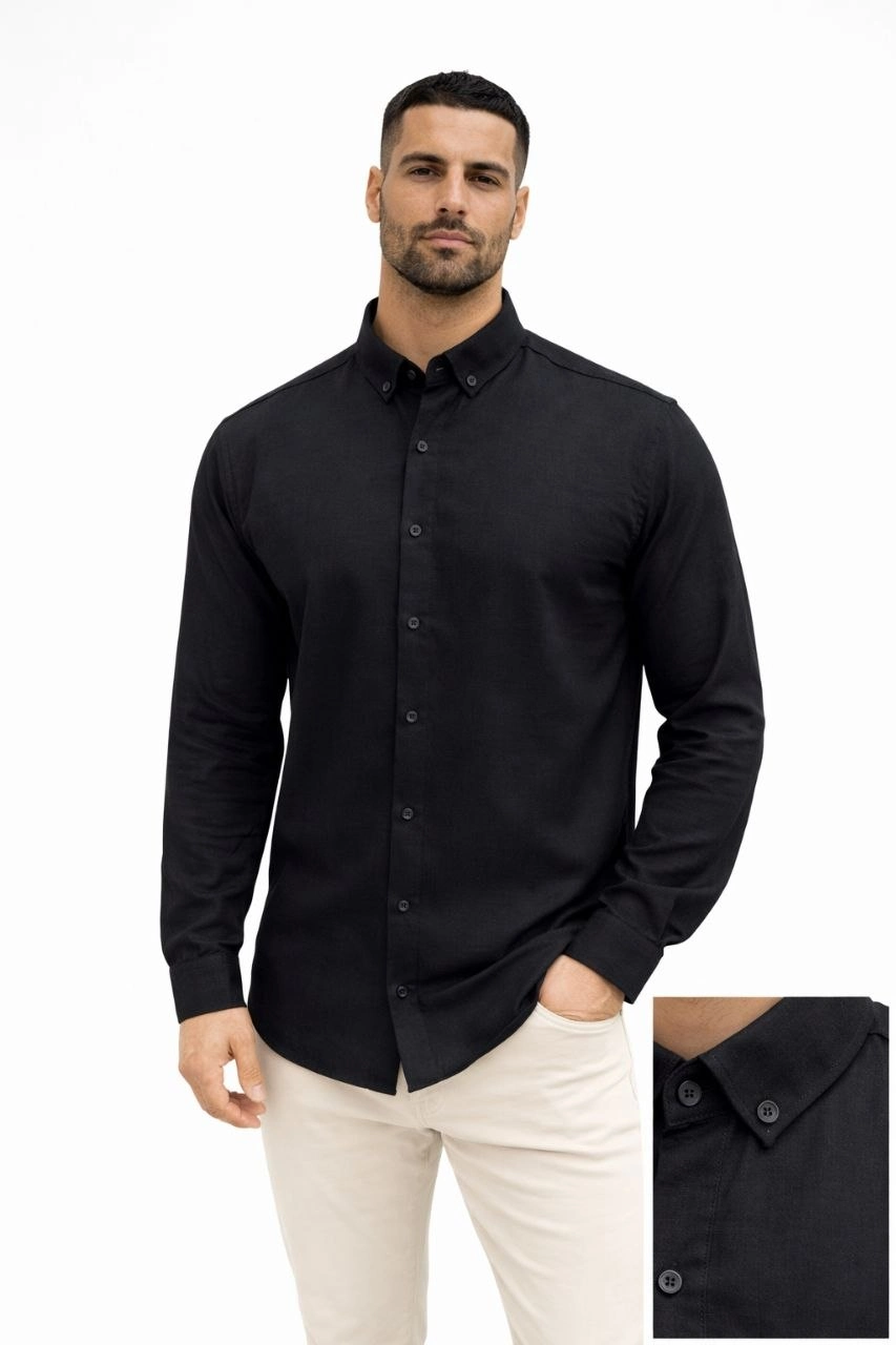 69cb8dfed347f-95668297-sw853sh1280 Erkek KETEN Kumaş Uzun Kollu Regular Fit Gömlek - Siyah - Görsel 2