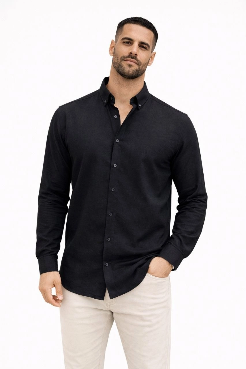 69cb8dfedbb8d-9291179-sw853sh1280 Erkek KETEN Kumaş Uzun Kollu Regular Fit Gömlek - Siyah