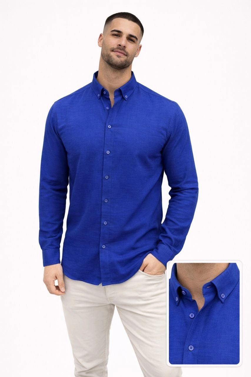69cb8f34d2f63-11667438-sw853sh1280 Erkek KETEN Kumaş Uzun Kollu Regular fit Gömlek - Saks Mavisi - Görsel 2
