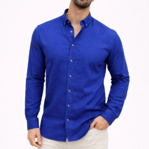 Erkek KETEN Kumaş Uzun Kollu Regular fit Gömlek - Saks Mavisi