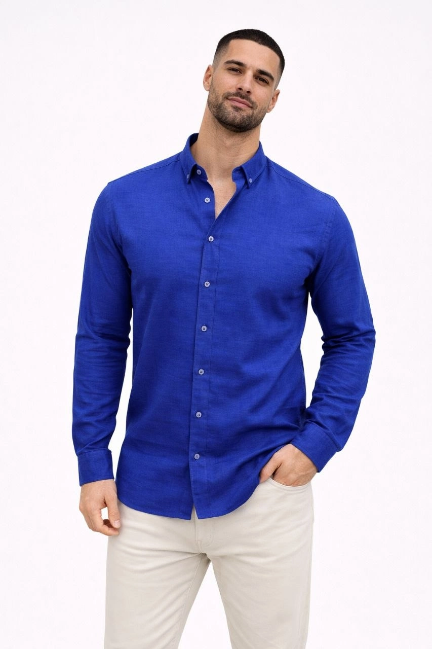 69cb8f34dd11a-58124338-sw853sh1280 Erkek KETEN Kumaş Uzun Kollu Regular fit Gömlek - Saks Mavisi