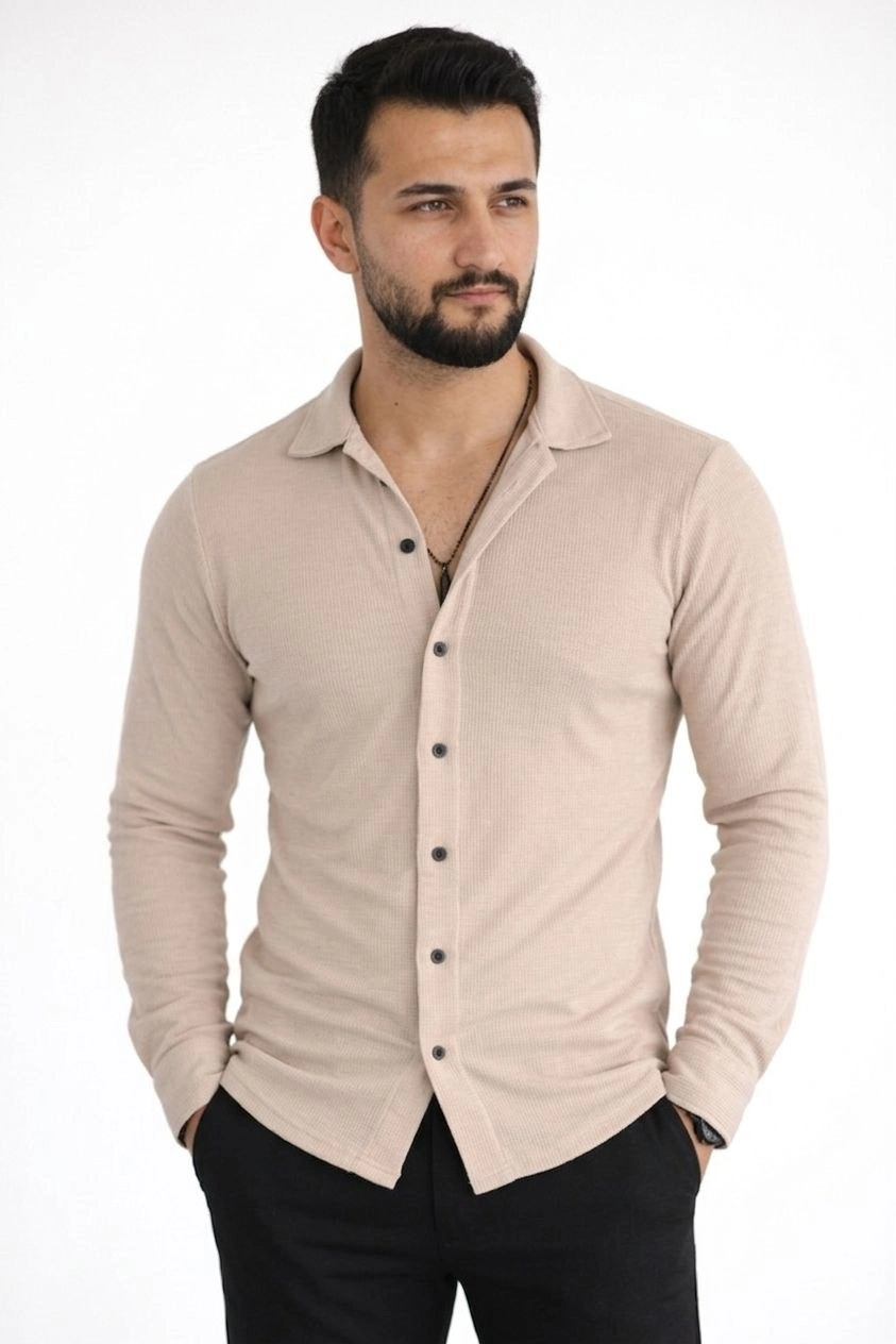 69cd473163031-25403946-sw843sh1264 Erkek Waffle Kumaş Uzun Kollu Düğmeli Açık Yaka Regular Fit Gömlek - Bej - Görsel 2