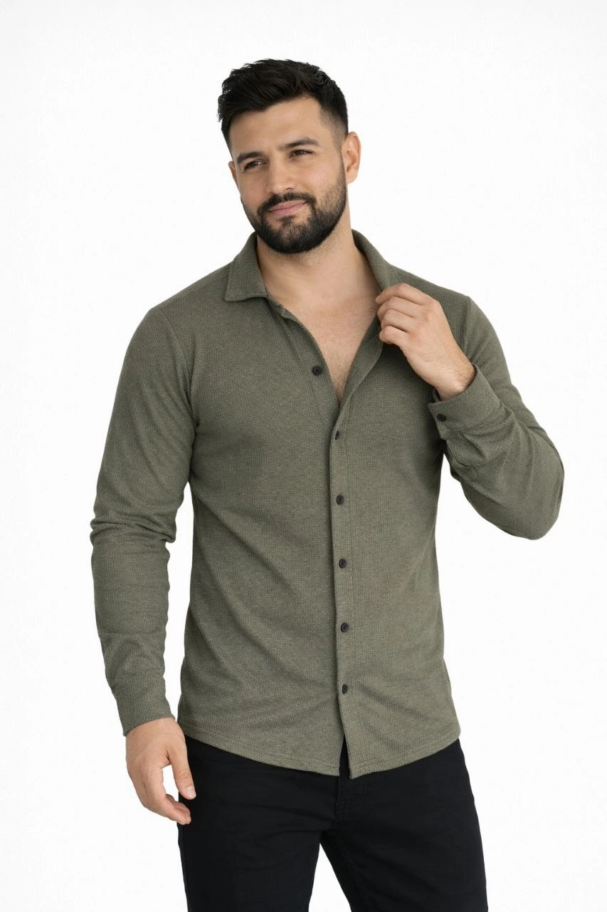 69cd4835df908-59231450-sw853sh1280 Erkek Waffle Kumaş Uzun Kollu Düğmeli Açık Yaka Regular Fit Gömlek - Haki