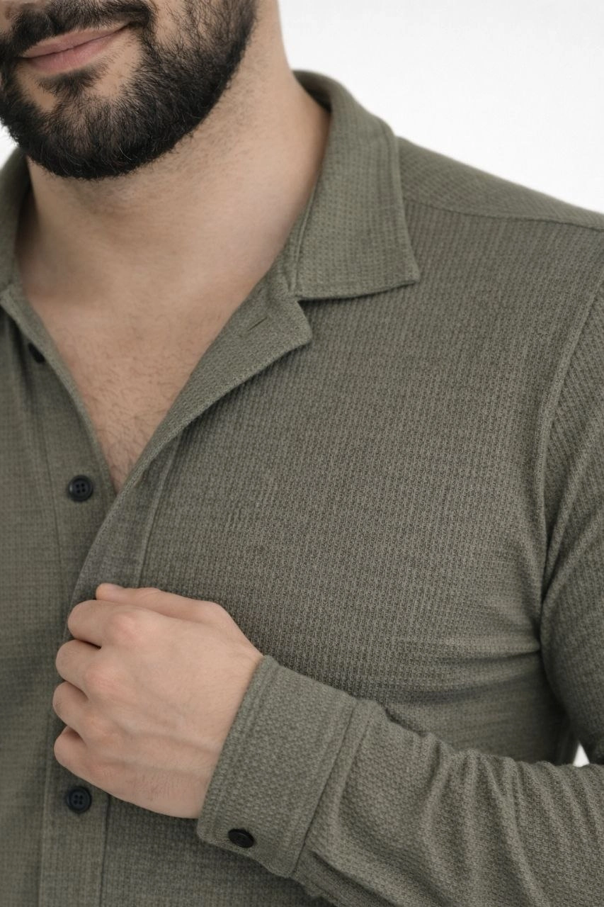 69cd4835eacb0-40545912-sw853sh1280 Erkek Waffle Kumaş Uzun Kollu Düğmeli Açık Yaka Regular Fit Gömlek - Haki - Görsel 2