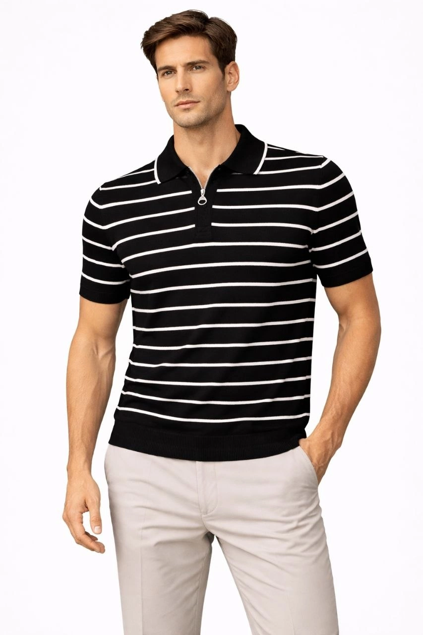 69ce44dce1c9b-89775864-sw853sh1280 Erkek Triko Polo Yaka Fermuarlı Çizgili Tişört T-Shirt Yazlık Şık - Siyah