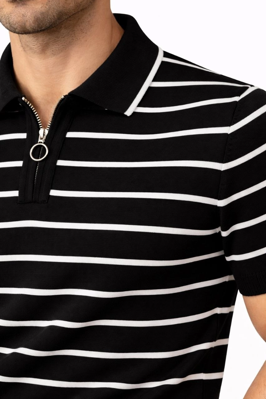 69ce44dcee718-14552932-sw853sh1280 Erkek Triko Polo Yaka Fermuarlı Çizgili Tişört T-Shirt Yazlık Şık - Siyah - Görsel 2
