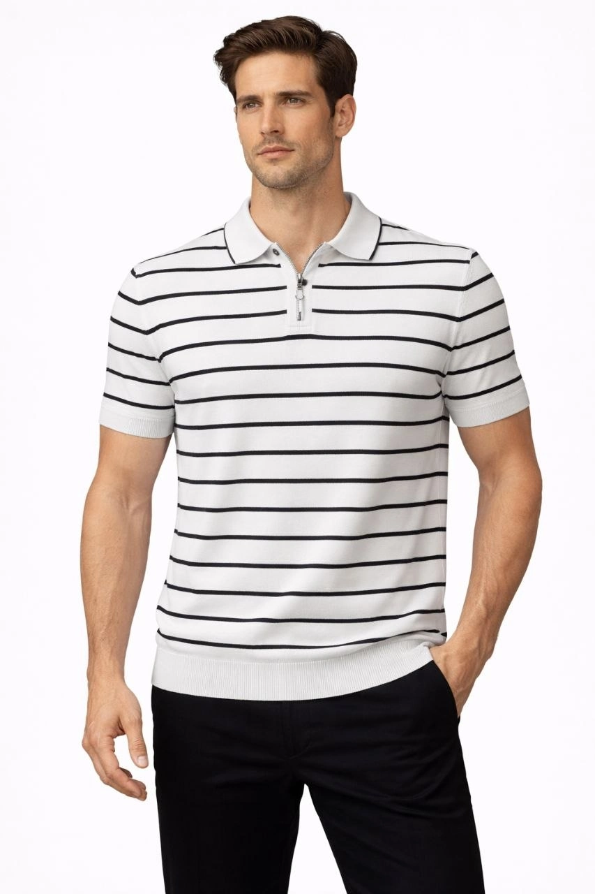 69ce455cdc65b-42104639-sw853sh1280 Erkek Triko Polo Yaka Fermuarlı Çizgili Tişört T-Shirt Yazlık Şık - Beyaz