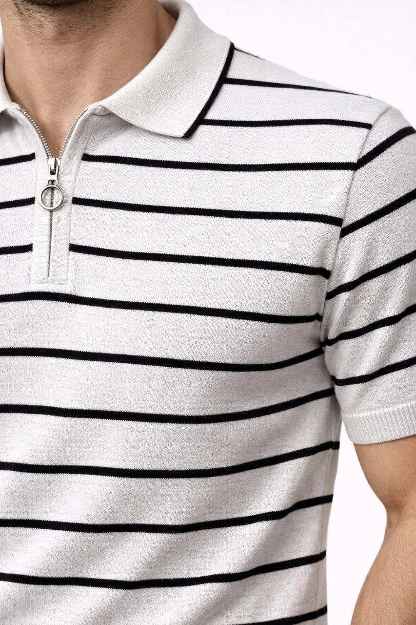 69ce455d1256e-50985012-sw853sh1280 Erkek Triko Polo Yaka Fermuarlı Çizgili Tişört T-Shirt Yazlık Şık - Beyaz - Görsel 2