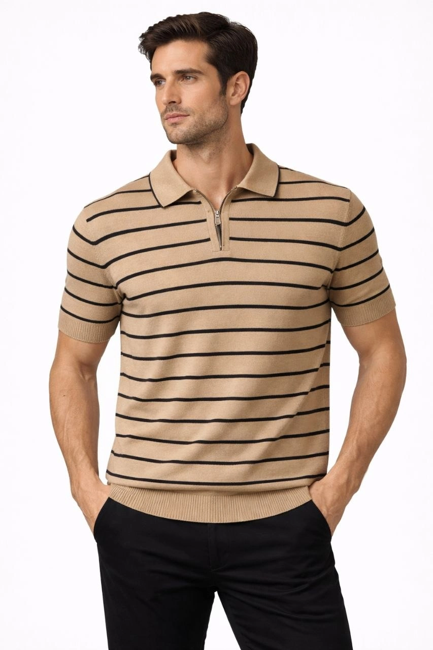 69ce45d41d0d2-46210766-sw853sh1280 Erkek Triko Polo Yaka Fermuarlı Çizgili Tişört T-Shirt Yazlık Şık - Kahverengi