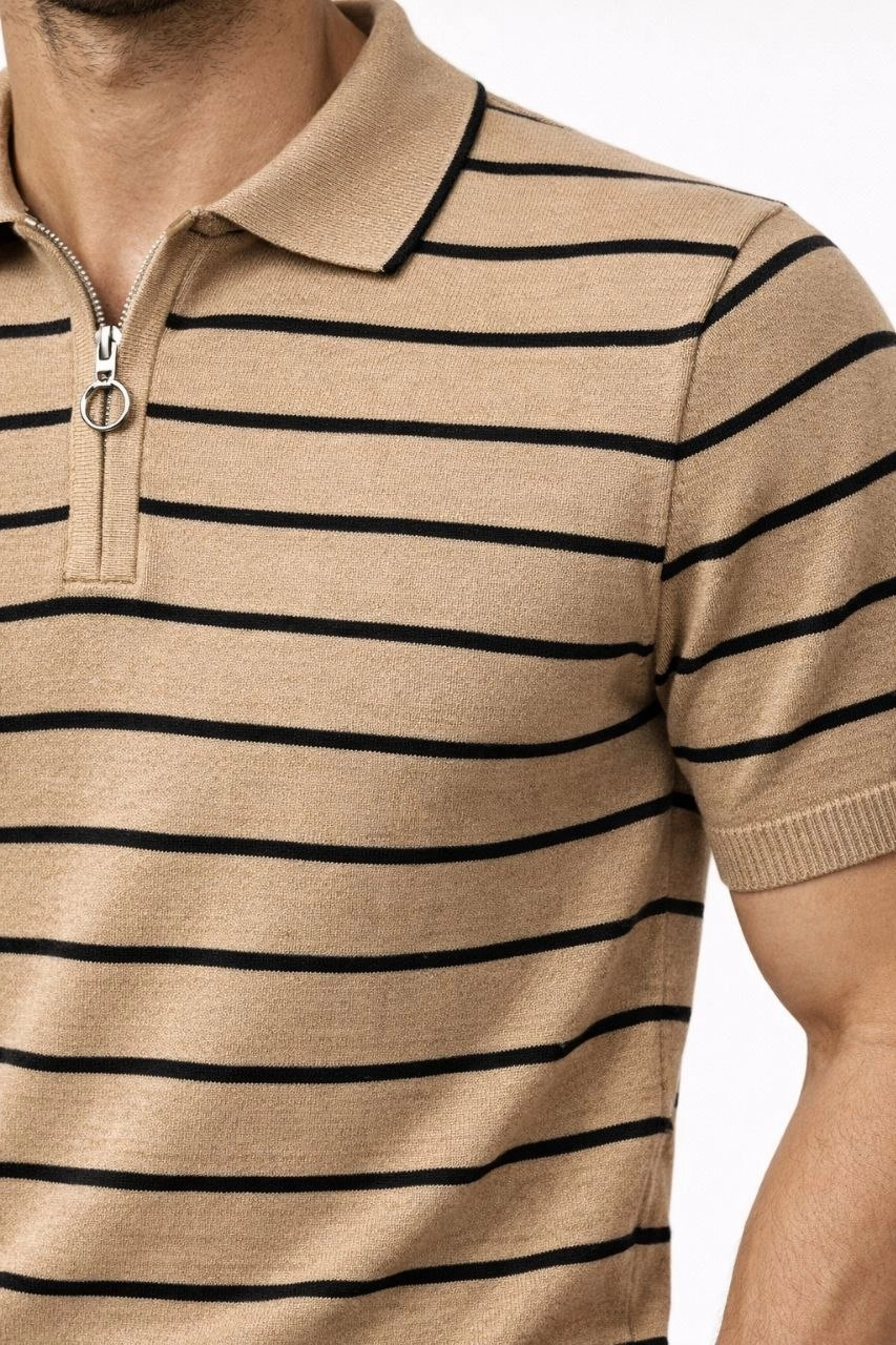 69ce45d450da2-36925717-sw853sh1280 Erkek Triko Polo Yaka Fermuarlı Çizgili Tişört T-Shirt Yazlık Şık - Kahverengi - Görsel 2