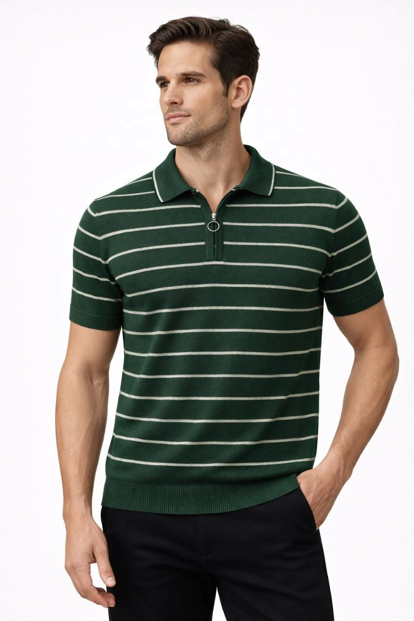 69ce46583b62c-21681955-sw853sh1280 Erkek Triko Polo Yaka Fermuarlı Çizgili Tişört T-Shirt Yazlık Şık - Yeşil