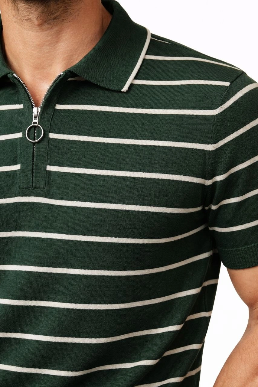 69ce46586d1ed-93669084-sw853sh1280 Erkek Triko Polo Yaka Fermuarlı Çizgili Tişört T-Shirt Yazlık Şık - Yeşil - Görsel 2