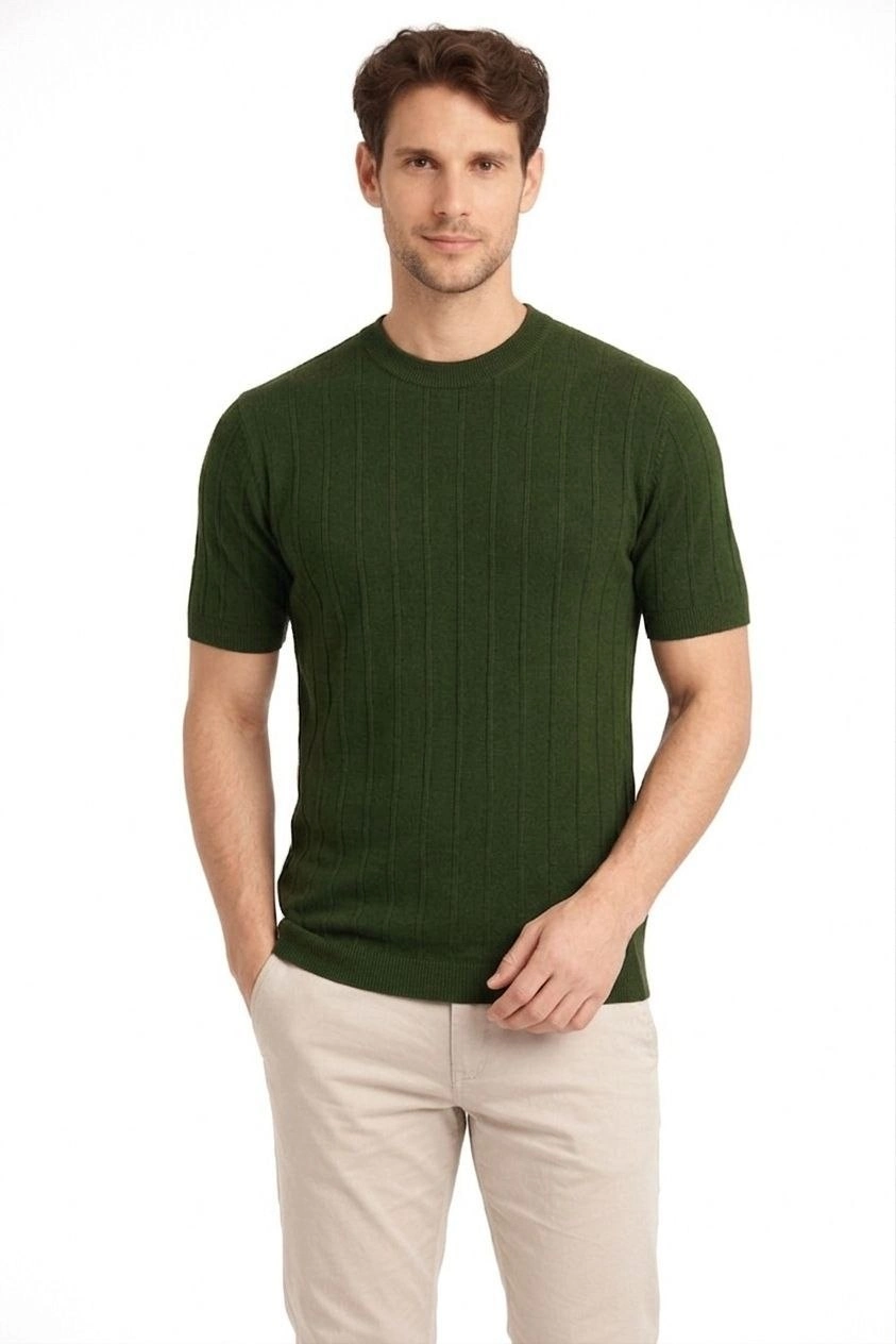 69ce57d69d186-30942958-sw843sh1264 Erkek Yazlık Fitilli Triko Tişört Kısa Kol Bisiklet Yaka T-Shirt - Haki