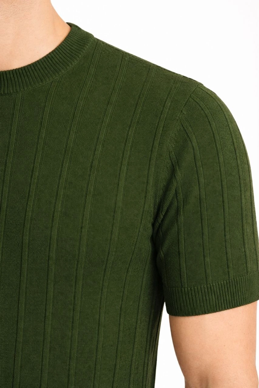 69ce57d6d0726-64709970-sw853sh1280 Erkek Yazlık Fitilli Triko Tişört Kısa Kol Bisiklet Yaka T-Shirt - Haki - Görsel 2