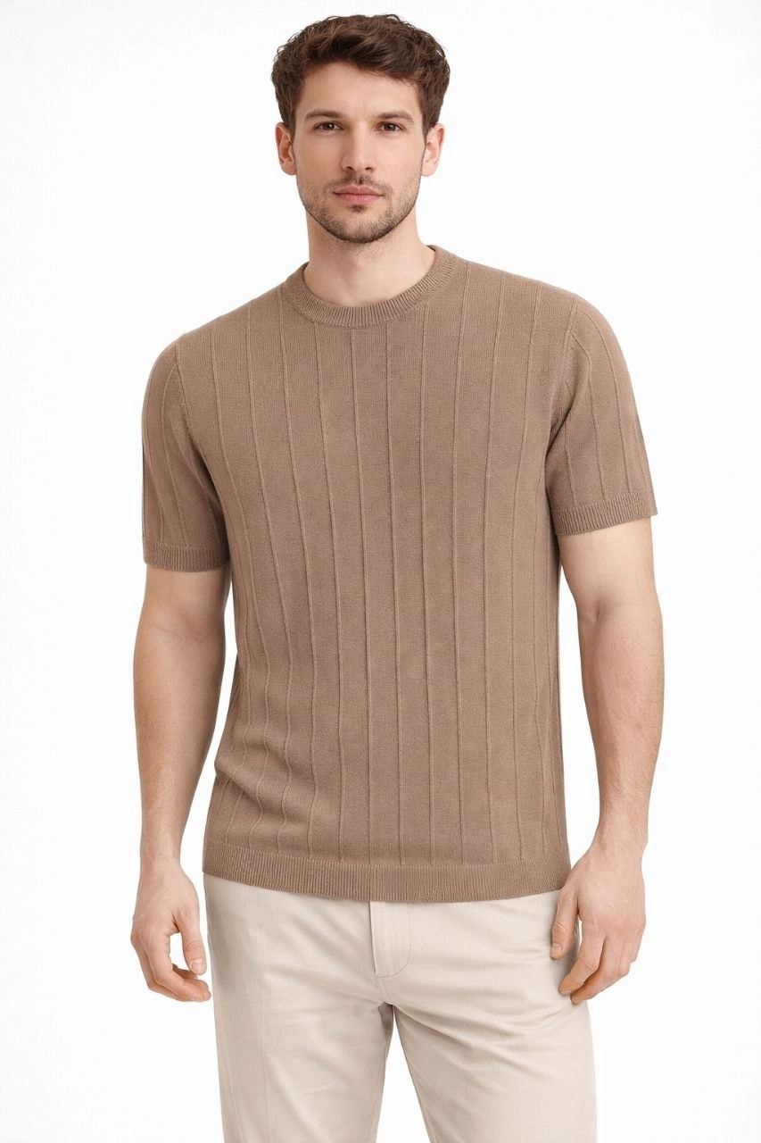 69ce58a9a97fc-47955810-sw853sh1280 Erkek Yazlık Fitilli Triko Tişört Kısa Kol Bisiklet Yaka T-Shirt - Kahverengi