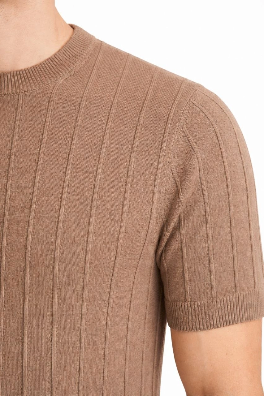 69ce58a9e6a63-14711335-sw853sh1280 Erkek Yazlık Fitilli Triko Tişört Kısa Kol Bisiklet Yaka T-Shirt - Kahverengi - Görsel 2