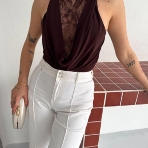 Kadın Dantel Detaylı Derin Dekolte Body Şık Kolsuz Yazlık Bodysuit - Kahvrenegi