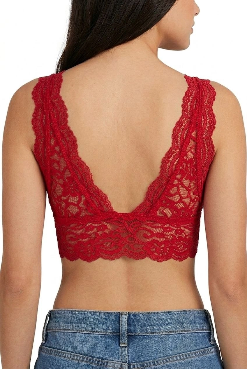 69d2845e5e3b9-83896884-sw848sh1264 Kadın Dantel Bralet Crop Sütyen V Yaka Askılı Şık Esnek Rahat - Kırmızı - Görsel 2