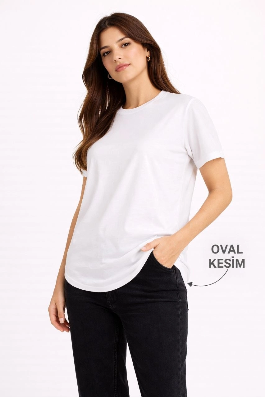 69d2876d968e4-4715091-sw853sh1280 Kadın Basic T-Shirt Kısa Kol Bisiklet Yaka Oval Kesim Tişört - Beyaz