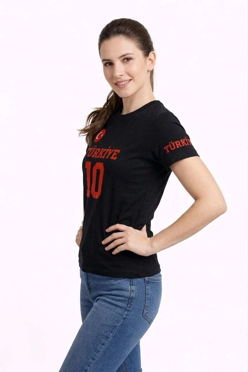 69d29bcf544d8-89937251-sw843sh1264 Kadın TÜRKİYE Ay Yıldız Baskılı 10 Numara Forma Tişört Taraftar T-Shirt - Siyah - Görsel 2