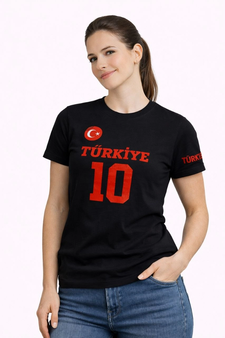 69d29bcf59e43-36087344-sw853sh1280 Kadın TÜRKİYE Ay Yıldız Baskılı 10 Numara Forma Tişört Taraftar T-Shirt - Siyah