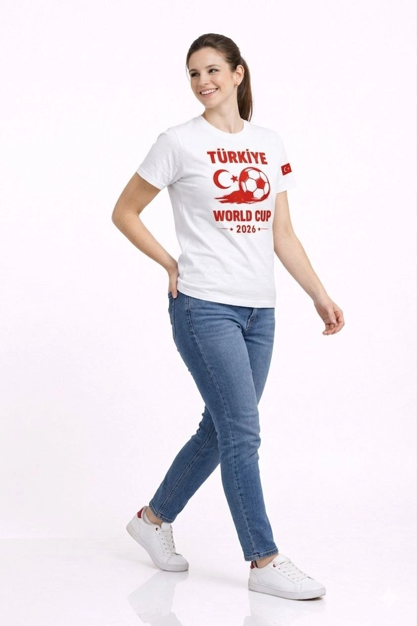 69d2a128b2455-23470174-sw843sh1264 Kadın Türkiye World Cup 2026 Baskılı Tişört Futbol Temalı Forma T-Shirt - Beyaz - Görsel 2