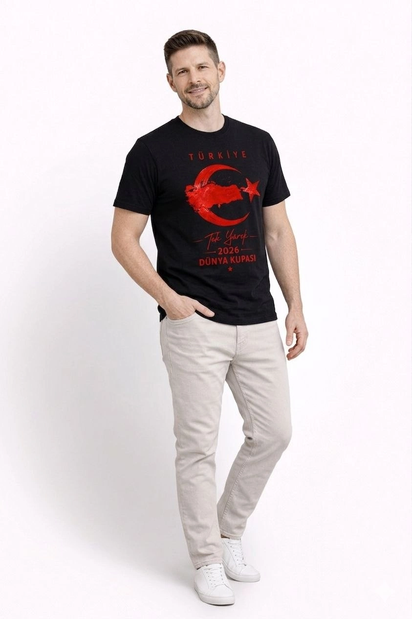 69d3e555834a2-24170725-sw843sh1264 Erkek TÜRKİYE Ay Yıldız Baskılı Taraftar Forma T-Shirt - Siyah - Görsel 2