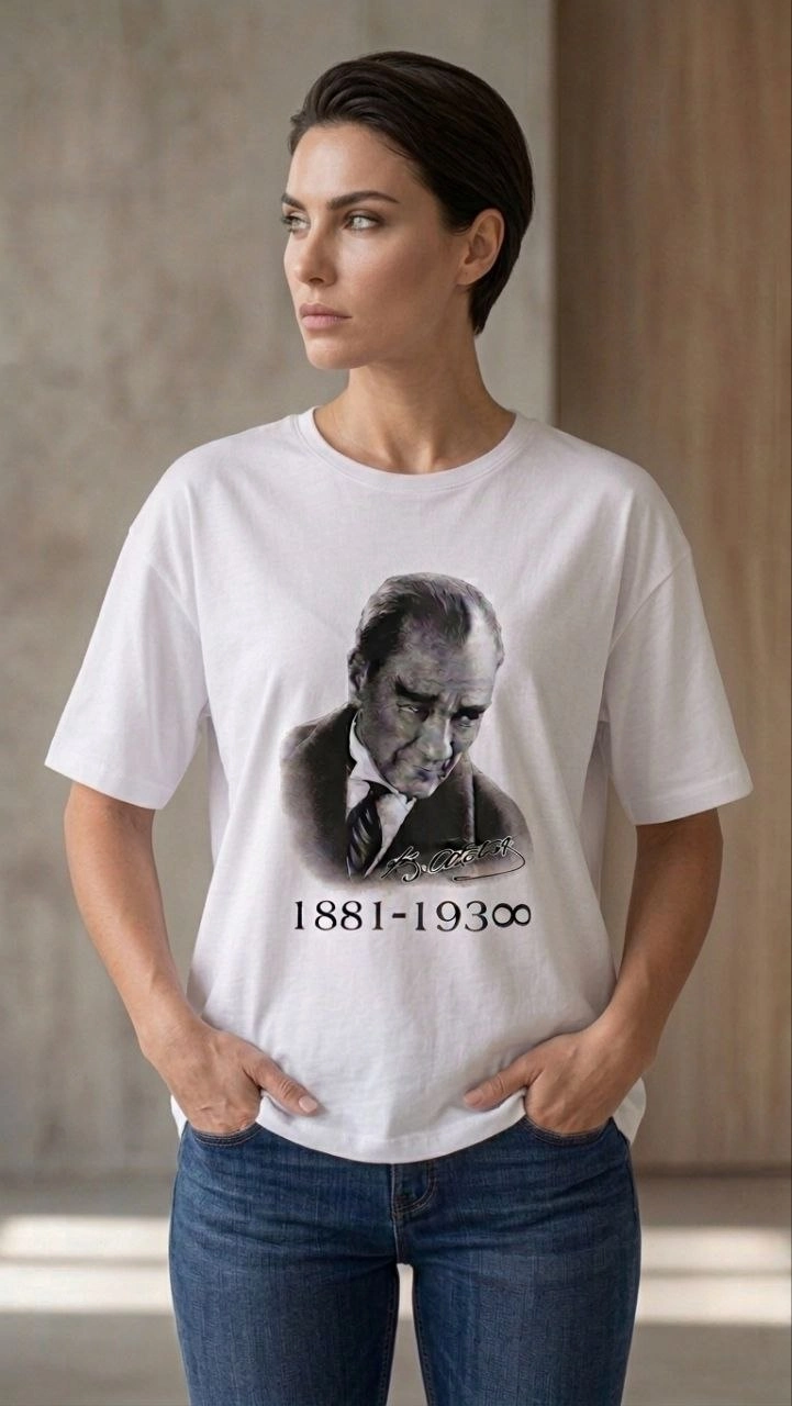 69db95290e8f2-84124964-sw721sh1280 Kadın Atatürk Baskılı Tişört Kısa Kollu Bisiklet Yaka T-Shirt - Beyaz