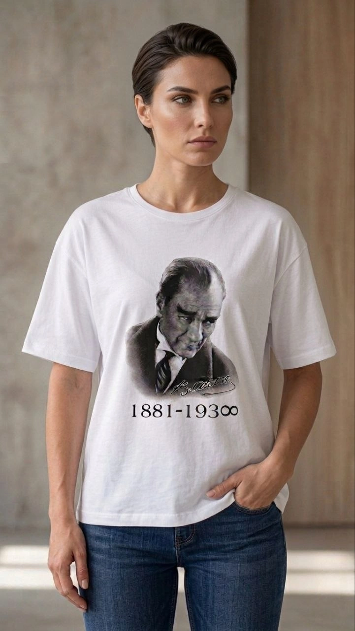 69db952910000-35246318-sw721sh1280 Kadın Atatürk Baskılı Tişört Kısa Kollu Bisiklet Yaka T-Shirt - Beyaz - Görsel 2