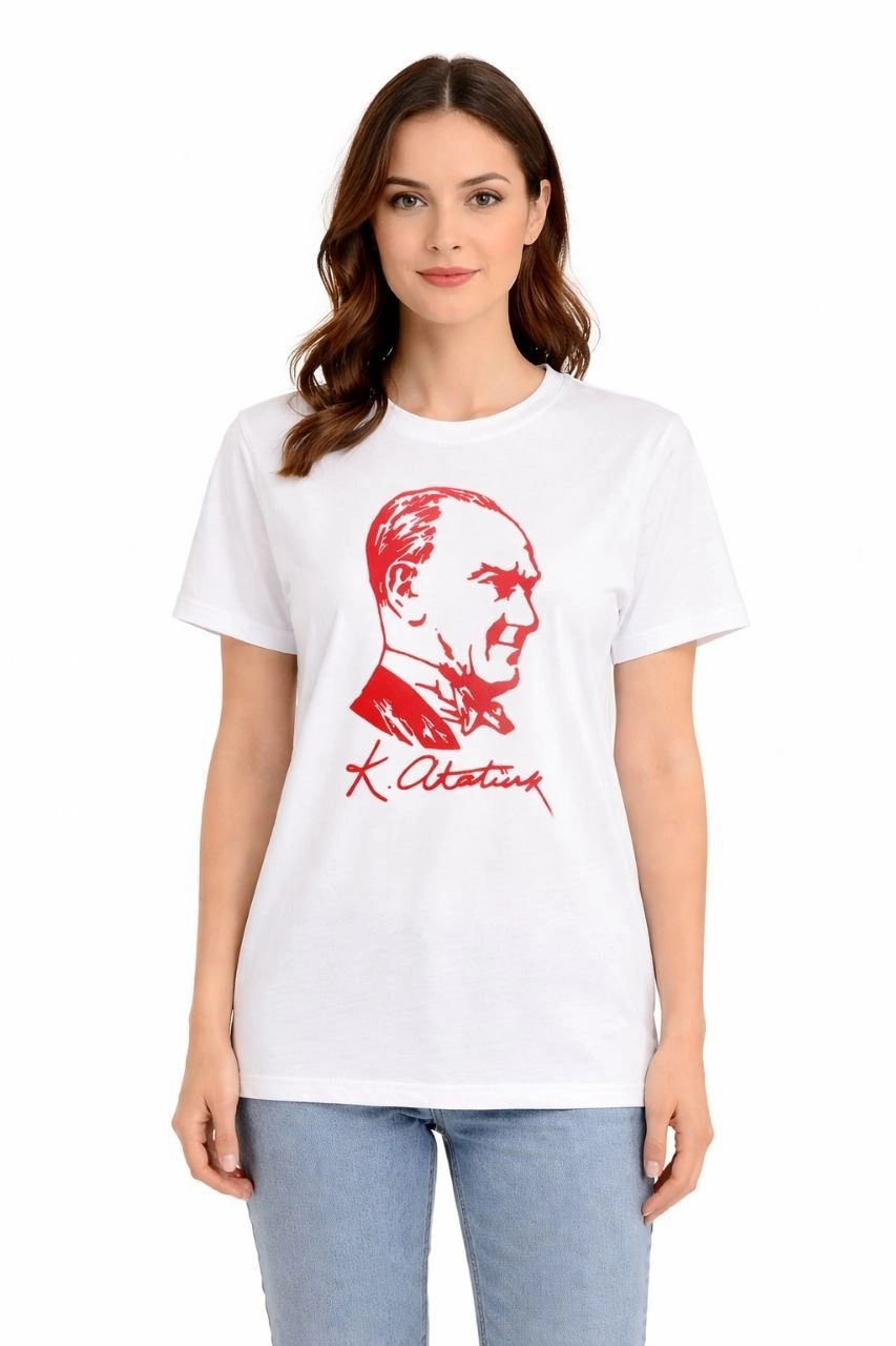 69db967bb64a3-5505748-sw853sh1280 Kadın Atatürk Baskılı Tişört Kısa Kollu Bisiklet Yaka T-Shirt - Beyaz