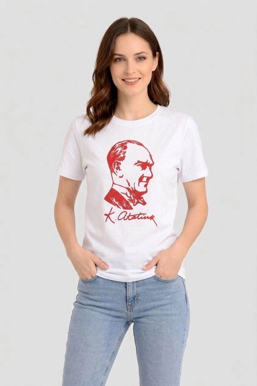 69db967bba424-44178297-sw842sh1264 Kadın Atatürk Baskılı Tişört Kısa Kollu Bisiklet Yaka T-Shirt - Beyaz - Görsel 2