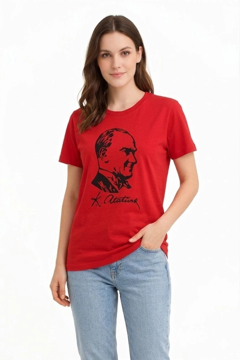 69db9771932ad-9417072-sw843sh1264 Kadın Atatürk Baskılı Tişört Kısa Kollu Bisiklet Yaka T-Shirt - Kırmızı