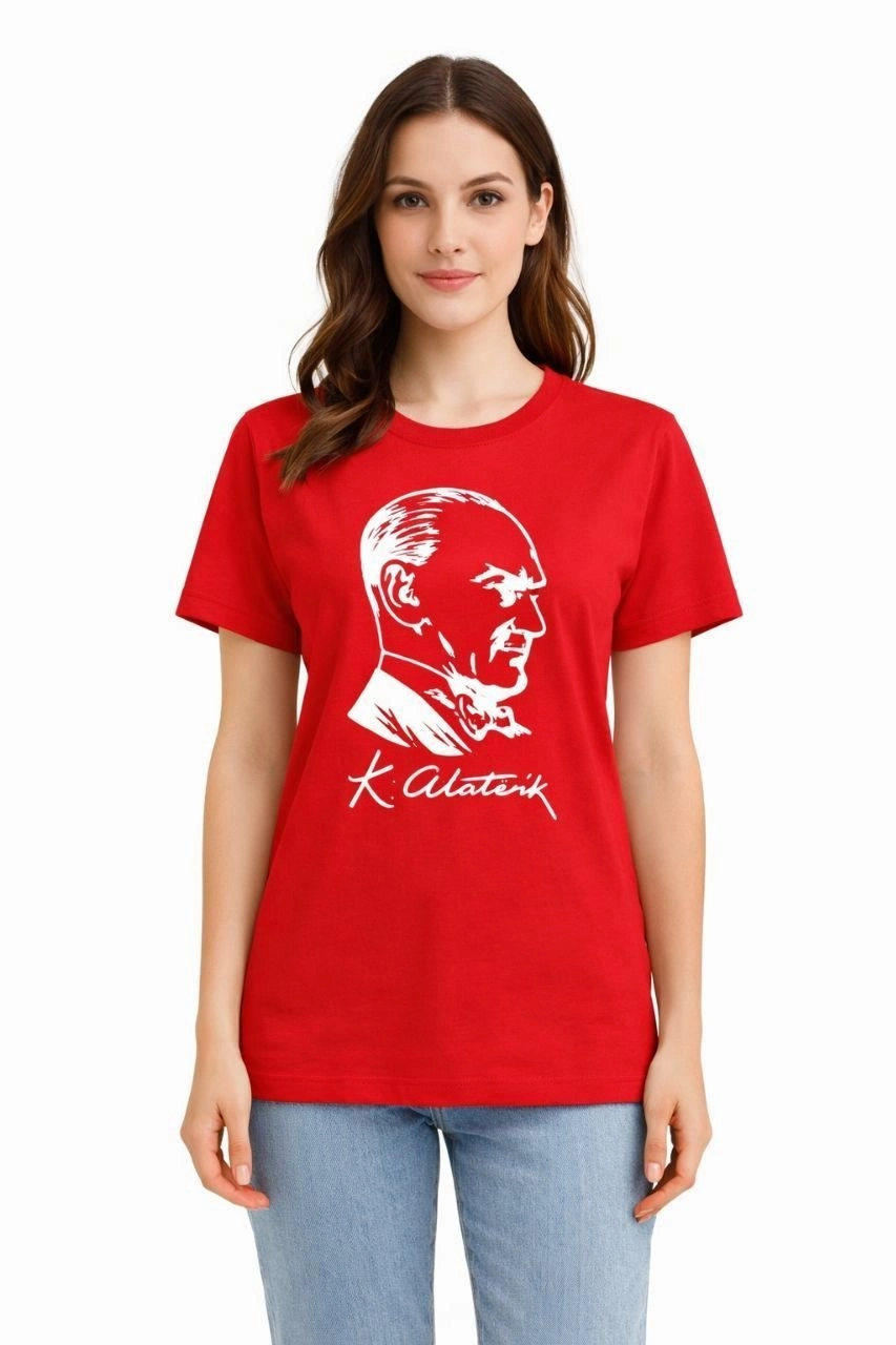 69db9aa630913-54922175-sw853sh1280 Kadın Atatürk Baskılı Tişört Kısa Kollu Bisiklet Yaka T-Shirt - Kırmızı