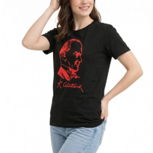 Kadın Atatürk Baskılı Tişört Kısa Kollu Bisiklet Yaka T-Shirt - Siyah