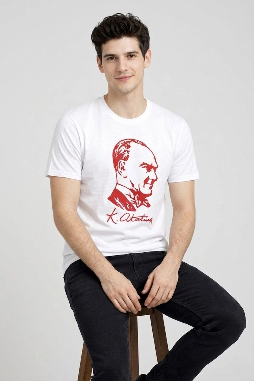 69db9ece95907-55650478-sw842sh1264 Erkek Atatürk Baskılı Tişört Kısa Kollu Bisiklet Yaka T-Shirt - Beyaz