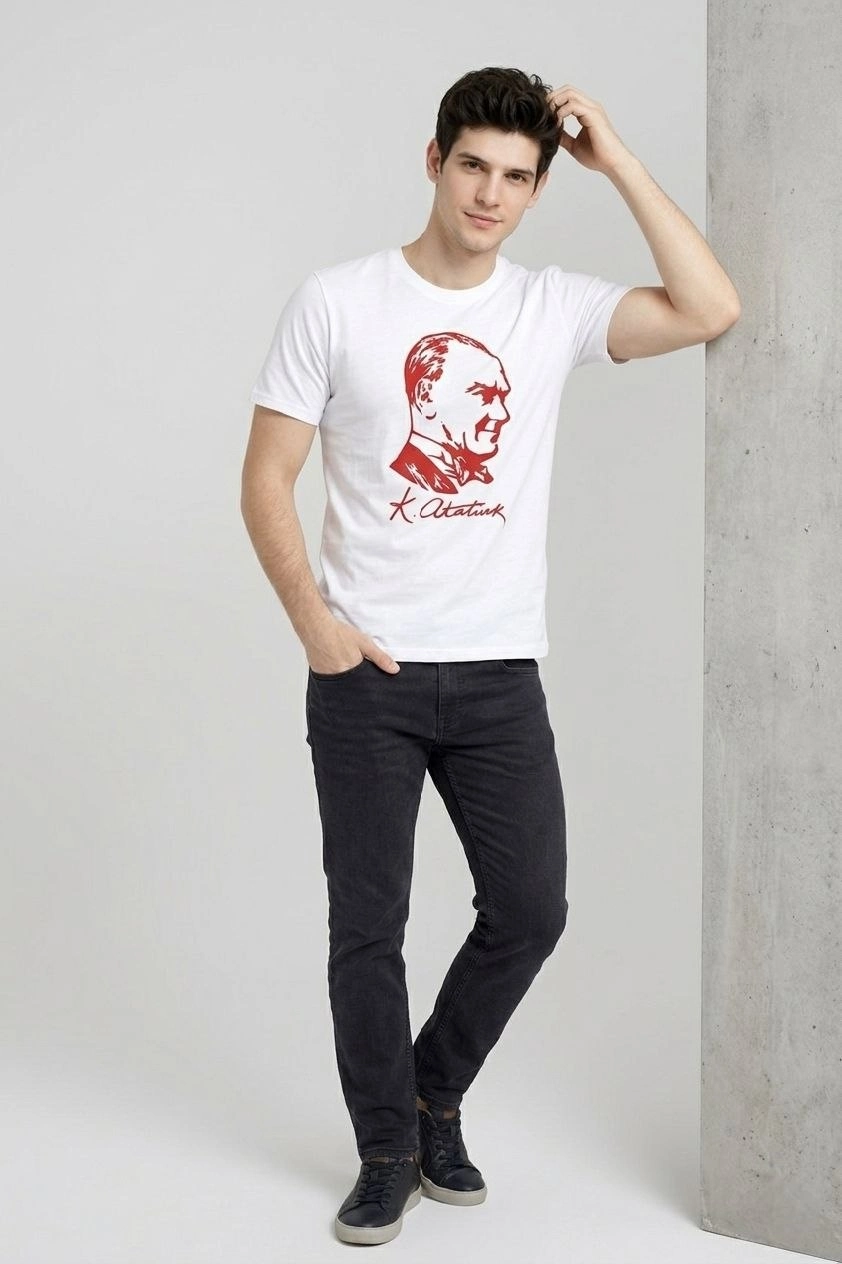 69db9ece97f0a-28645683-sw842sh1264 Erkek Atatürk Baskılı Tişört Kısa Kollu Bisiklet Yaka T-Shirt - Beyaz - Görsel 2