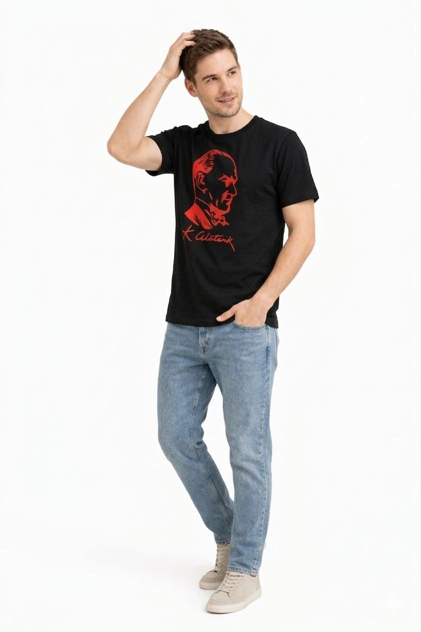 69db9f15414bd-59763421-sw843sh1264 Erkek Atatürk Baskılı Tişört Kısa Kollu Bisiklet Yaka T-Shirt - Siyah - Görsel 2