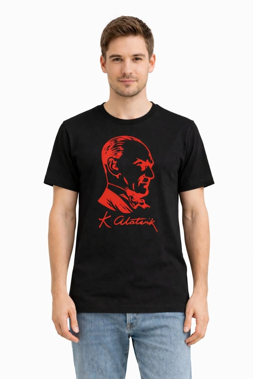 69db9f1586040-18293863-sw853sh1280 Erkek Atatürk Baskılı Tişört Kısa Kollu Bisiklet Yaka T-Shirt - Siyah