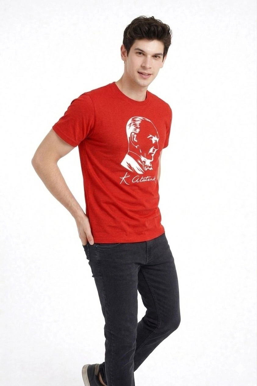 69dba01b264fd-41470139-sw843sh1264 Erkek Atatürk Baskılı Tişört Kısa Kollu Bisiklet Yaka T-Shirt - Kırmızı