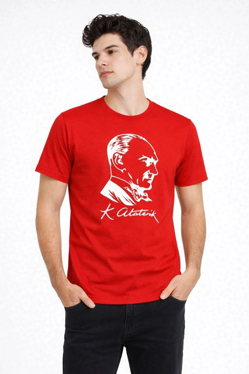 69dba01b300f9-48758444-sw853sh1280 Erkek Atatürk Baskılı Tişört Kısa Kollu Bisiklet Yaka T-Shirt - Kırmızı - Görsel 2