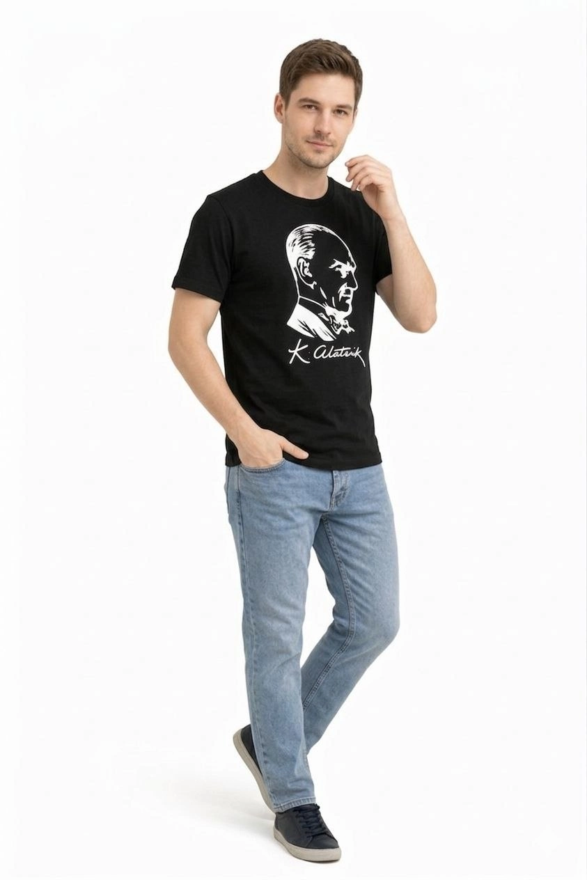 69dba12099d6f-40373723-sw843sh1264 Erkek Atatürk Baskılı Tişört Kısa Kollu Bisiklet Yaka T-Shirt - Siyah - Görsel 2